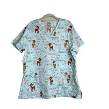 Rudolph Red Nosed Reindeer Holiday Women  s Blue Scrub Top Short Sleeve Sz Large