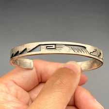 Vintage Native Vidal Aragon Storyteller Stampwork Silver Bracelet Cuff 6-3/4"