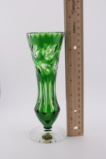 Vintage Beyer Bleikristall cut green to clear crystal bud vase 7" Germany