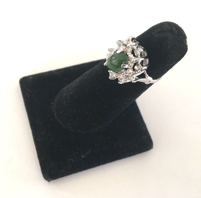 Vintage Signed 925 Sterling Silver Green Stone Rhinestones Ring Size 5.25