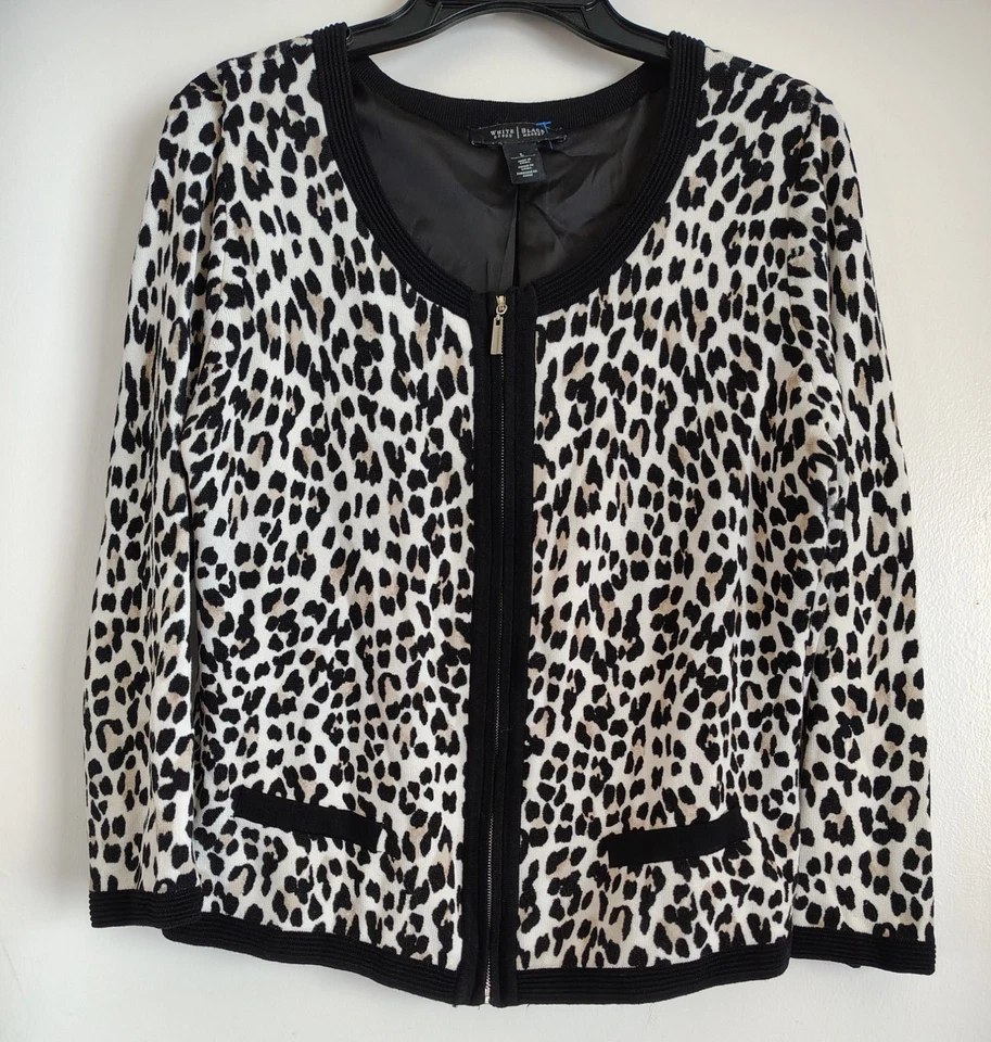 Cárdigan Suéter de Leopardo Guepardo Blanco Mercado Negro Casa Blanca Cremallera Completa Talla L