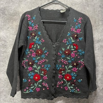 Vintage Black Floral Embroidered 3D Knit Cardigan Womens PM Dark Cottage Grandma