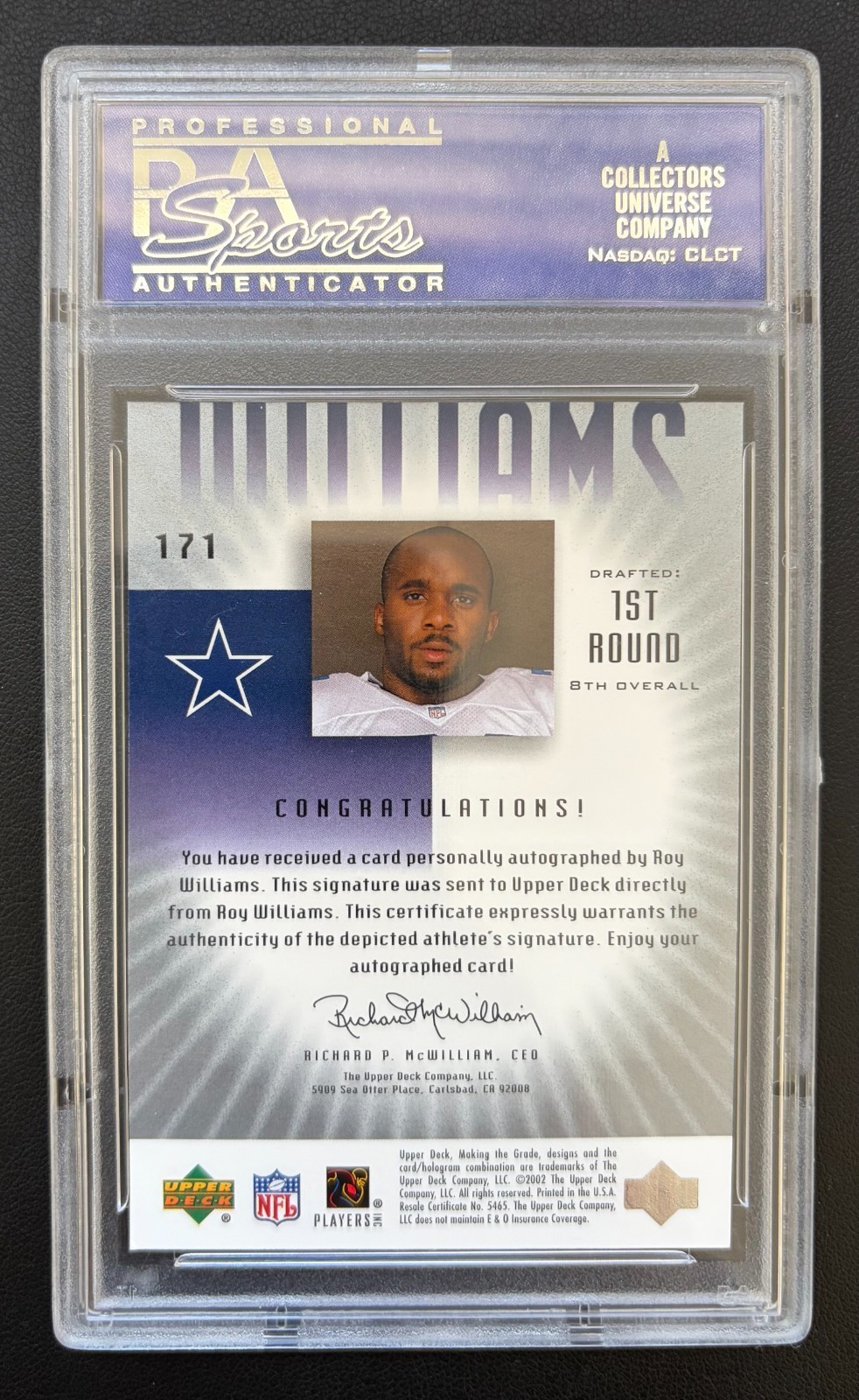 2002 Upper Deck Graded - Making the Grade Roy Williams #171 /550 (AU, RC) PSA 10 view 2