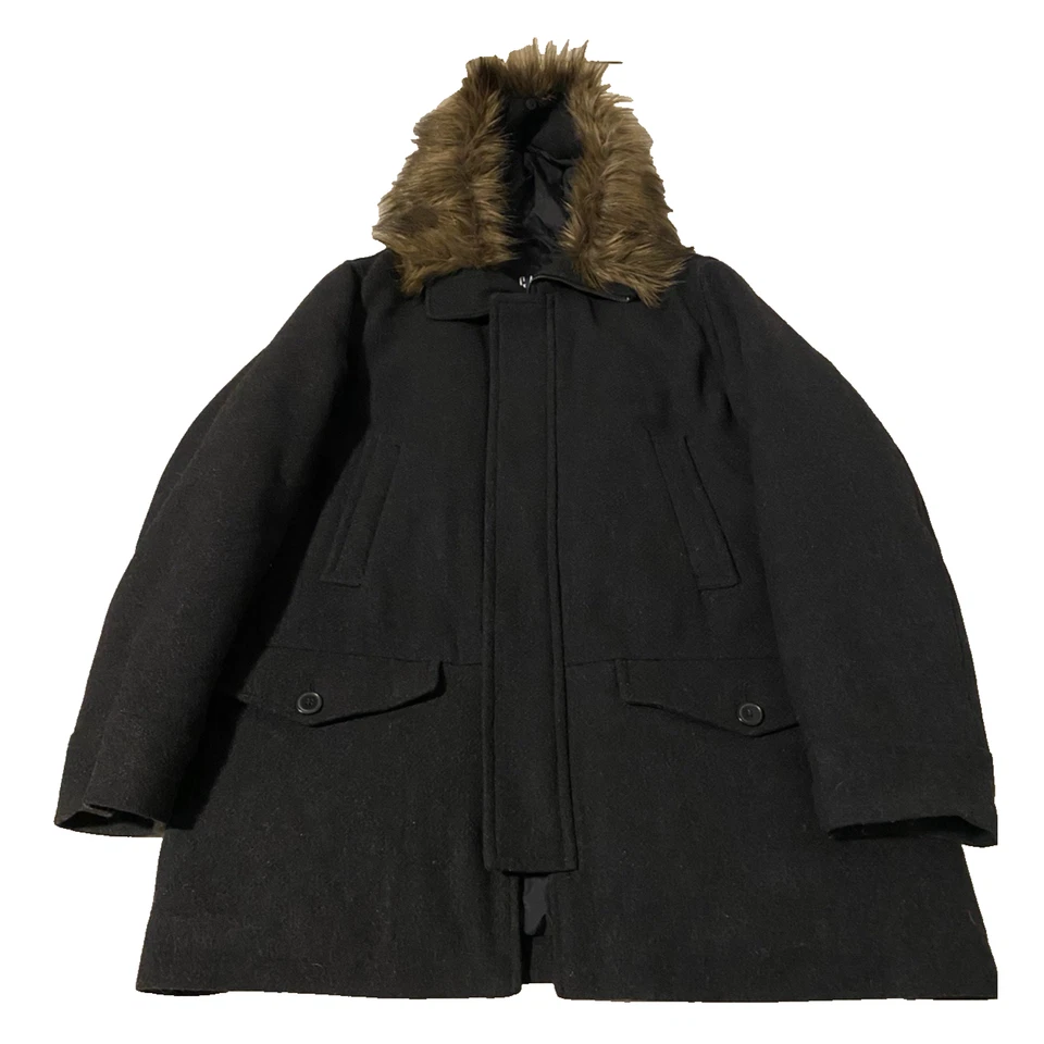 Abrigo para Hombres Gap Extra Grande Negro Mezcla de Lana Pesada Cuello de Piel Sintética Chaqueta con Capucha Foto 3 de 4