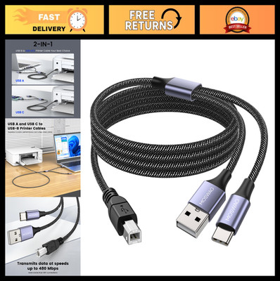 2in1 USB C to B Printer Cable 5FT, USB A-Male to B-Male, Compatible with HP, Can