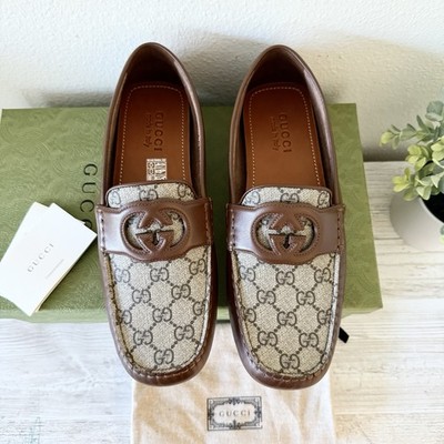 New Gucci GG Supreme mens leather moccasin driver loafers size 9.5