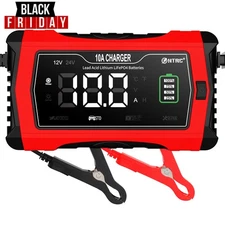10-Amp Battery Charger, 12V 24V LiFePO4 Lead Acid Portable Car Battery Charger