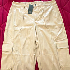 Women's Beige Faux Leather Cargo Pants Size L Pockets