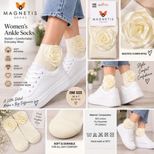 Magnetis Women  s Cream Ankle Socks 3D Satin Flower Rose Detail One Size Ladies