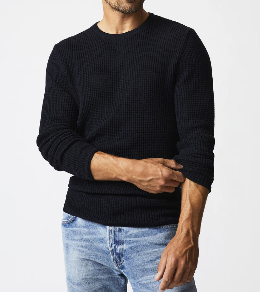Billy Reid Men’s Mini Waffle Crew Sweater Cotton Cashmere Midnight Black - Large