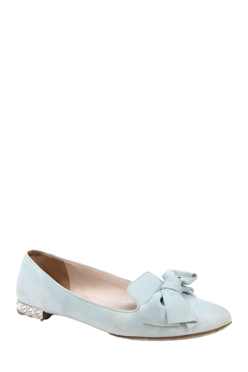 Miu Miu Womens Suede Bow Accent Rhinestoned Heel Flats Blue Size 38Free Shipping in US $100+ Orders | $6.95 Orders Below