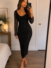 Windsor Black Ruched Cowl-Neck Midi Dress
