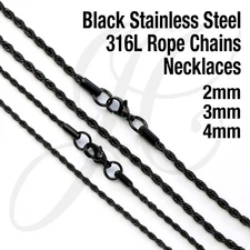 Black 2mm 3mm 4mm Stainless Steel 316L Rope Chain Necklace Men Women 16in-30in