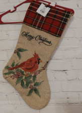 NEW 21" LONG RED CARDINAL MERRY CHRISTMAS STOCKING, PLAID TOP  EMBROIDERY