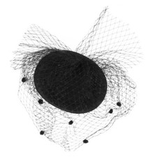 Women Black Woolen Hat with Mesh Veil Small Hair Clips for Funeral Headwear