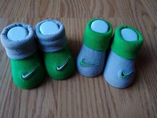 2 Nike Booties 0-6 Months Socks Baby Infant Boys Girls Green Gray Swoosh NEW