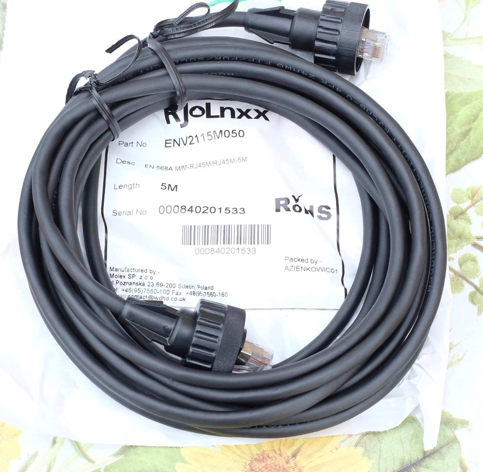 Câble RJ45 Molex 5m pour câblage de baie réseau et atelier
