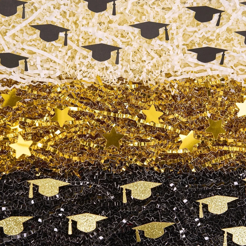 Papel de graduación de 1 LB con tapa de graduación con confeti de estrella, negro metálico dorado Foto 4 de 4