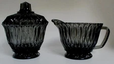 Smoky Black Diamond Pattern  Creamer with Handle & Sugar With Lid Set Vintage