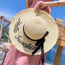 Black Ribbon Straw Hat - Large Brim Summer Caps Handmade Weave Outdoor Sun Hats