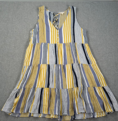 Hem & Thread Stripe V-Neck Tiered Mini Dress Womens Large Yellow/Gray Sleeveless