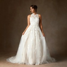 Appliques High Neck Sleeveless Tulle A-Line Wedding Dress Zip Train Bride Gowns