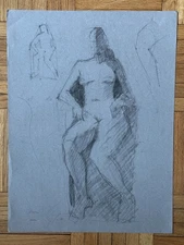 1980s Large Scale Abstract Sketches Woman Portrait Seated Pencil Paper 18 x 24
