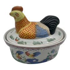 Vintage Chicken Rooster Covered Tureen Casserole Dish Hand Painted