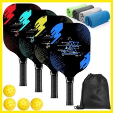 Pickleball Set with 4 Wood Paddles, Cushion Comfort Grip, 4 Cooling Towels, ...