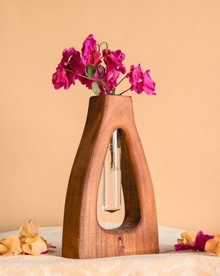 Handcrafted Acacia Wood Decorative Vase | Wooden Flower Holder Home Décor