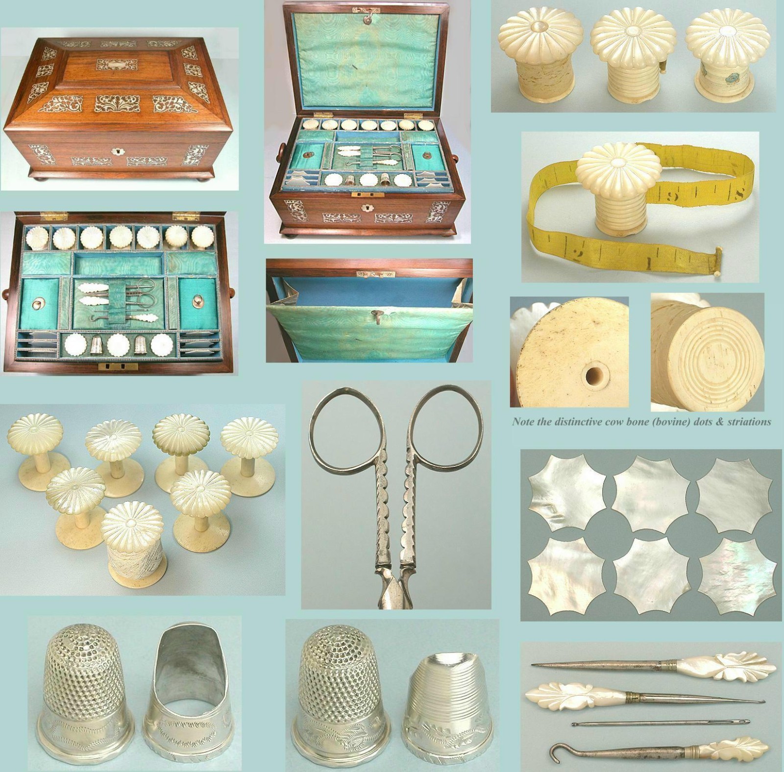 Gorgeous Antique Rosewood Sewing Workbox w/ Tools  & Sterling Thimbles * C1840s