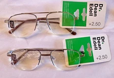 2 Dr. Dean Edell Reading Glasses Aviator Silver Half Rimless Spring +2.50 NWT