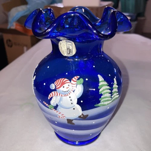 Fenton Art Glass 95th Anniversary hand painted Cobalt BLUE Snowman Vase RUFFLE