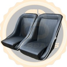 Pair BB1 WHITE Piping Clubman Bucket Sports Seats + Tilting Frames CLASSIC MINI