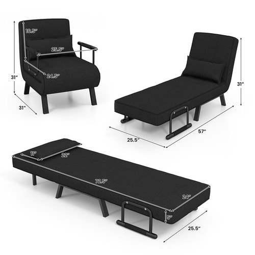 6 Position Convertible Sleeper Bed Folding Armchair Lounge Couch w/ Pillow Black - Picture 2 of 7