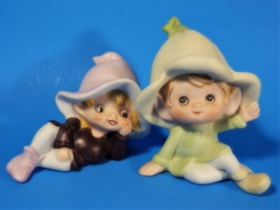 Homco Pixie Elf Fairy Figurines Pair Vintage Porcelain Sprite #5213 & #5615 EUC!