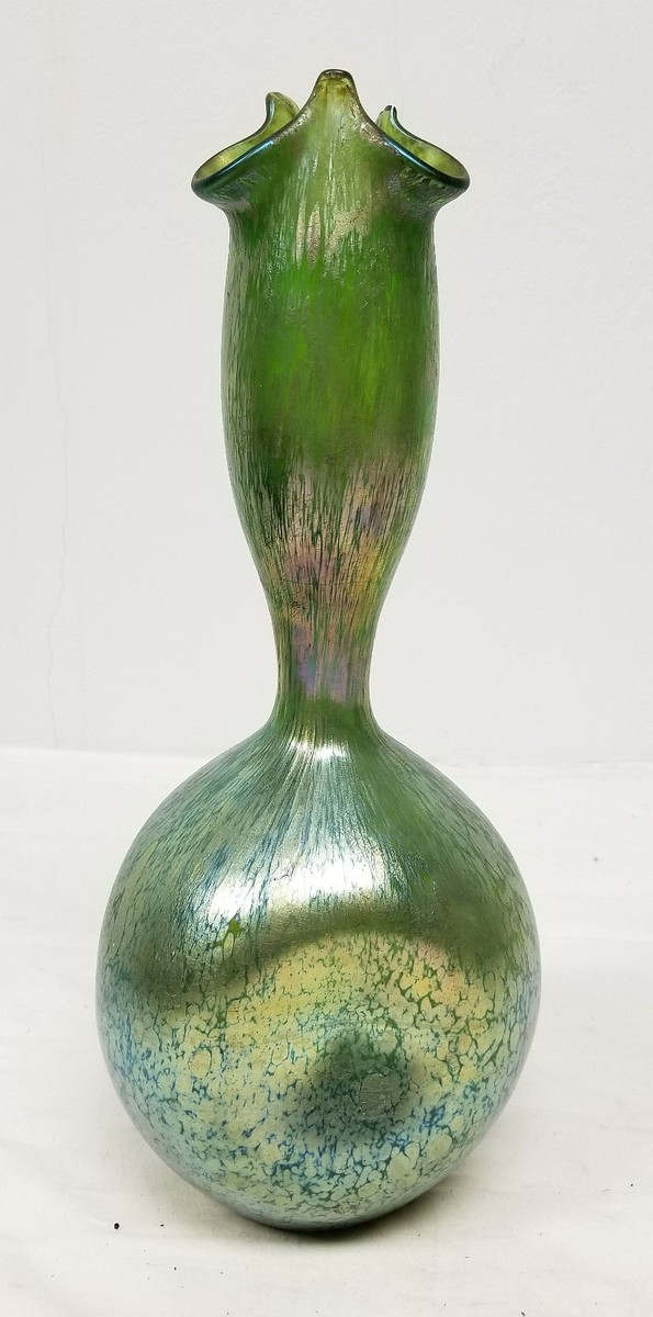 Antique Damaged Loetz Bohemian Art Glass Iridescent Green