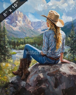 Cowgirl sitting on a boulder gazing at the mountain oil Painting 8x10 Print