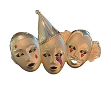 Triple Clowns Vintage Signed AJC Gold Tone Enamel Theater Masks Faces Brooch Pin