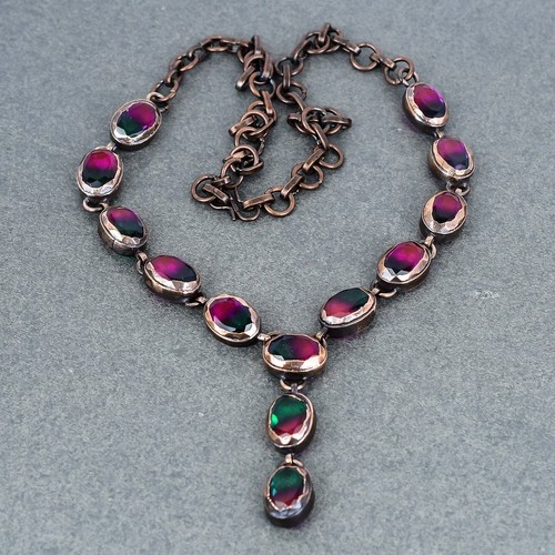 Oval Multi Tourmaline Stone Chain Electroformed Bezel Necklace Jewelry Copper - Picture 3 of 6