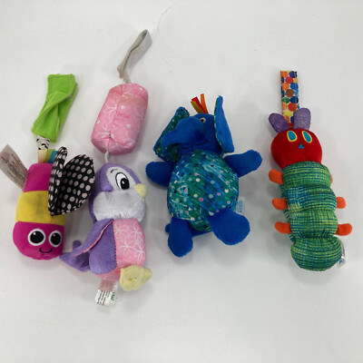  BABY RATTLES  Hanging Car Seat Stroller BUTTERFLY WORM ELEPHANT BIRD Lot of 4  