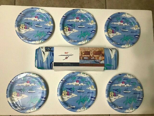 Vineyard Vines Blue White Ship Island Beach Table Runner 60 Appetizer Plates New - Image 3 of 4