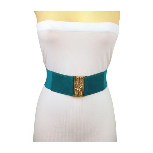 Women Teal Blue Color Wide Elastic Belt Hip Waist Gold Metal Skull Buckle S M - Picture 6 of 24