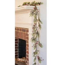 New Primitive Christmas FROSTED MOUNTAIN PINE RED BERRY GARLAND Swag Vine 5ft