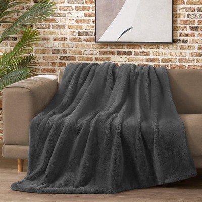 Solid Rabbit Mink Faux Fur Throw Blanket, Grey Plush Faux Fur Blanket for Sof...