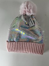 Girls Pink Sequin Pom-Pom Hat  Fleece Lined Rib Knit Beanie  Winter  NEW