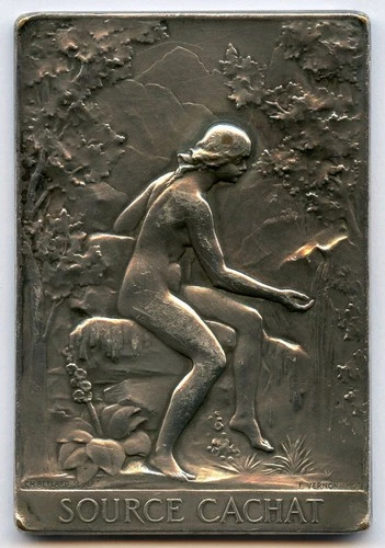 France Source Cachat Evian 1902 Silvered Bronze Art Medal by Beylard 64x44mm 65g