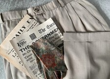 1940s Style Men’s M&S Sand Trousers Pleats Turn Ups 34” x 31” Tie Papers