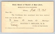 1901  State Board of Health  New York  Baxter Smeltzer MD   Postcard