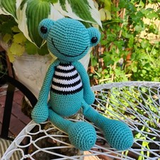 Adorable Hand Made Crocheted Amigurumi Frog Black White Striped Sweater